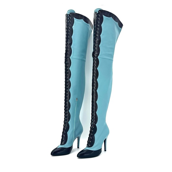 Gucci Harriet Thigh High Snake Emboss Dusty Azure Pointed Toe Heeled Boots 38 - Picture 3 of 11